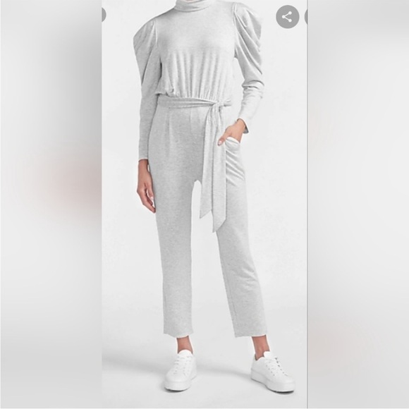 Express Gray Cozy Stretch Jersey Knit Belted Puff Sleeve Lounge Jumpsuit XL - Picture 2 of 14